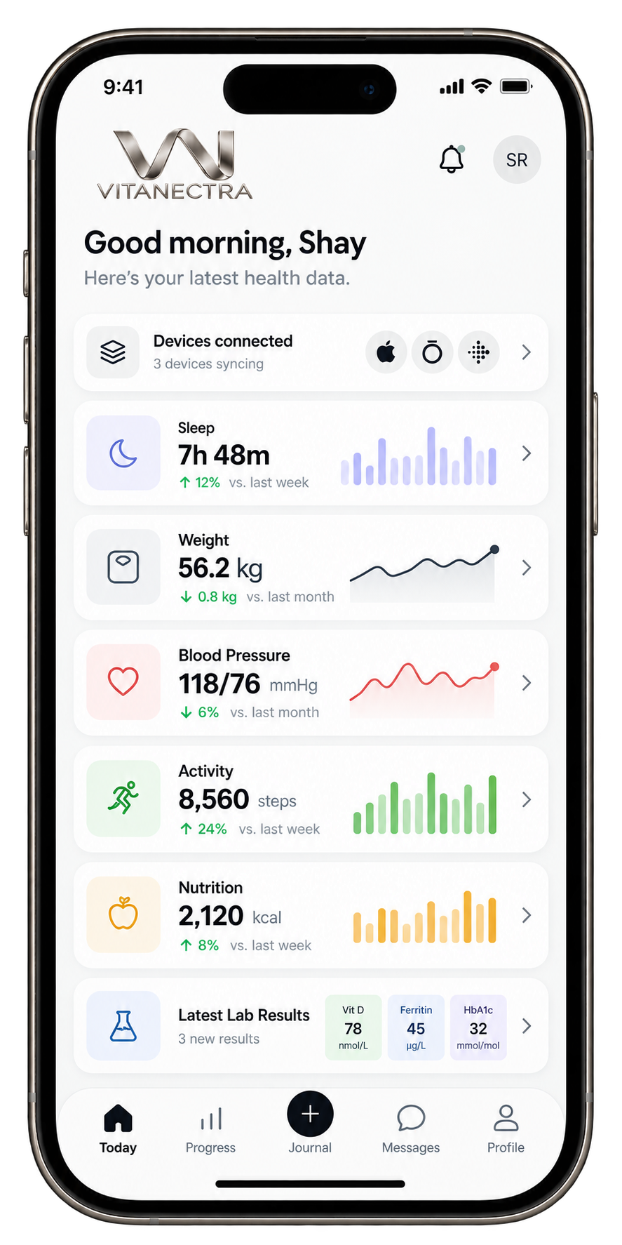 VITANECTRA app showing connected devices, sleep, weight, blood pressure and activity